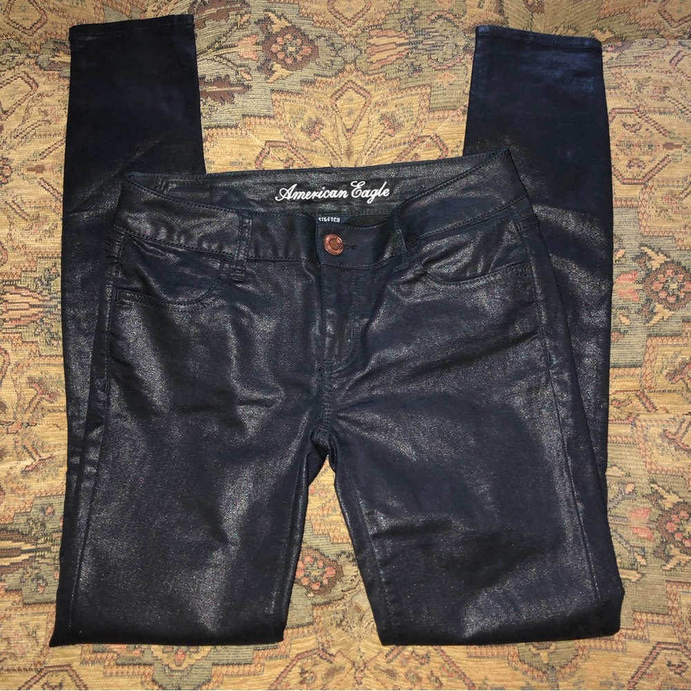 American Eagle Size 2 Leather Look Coated Black Skinny Jean Legging Jegging